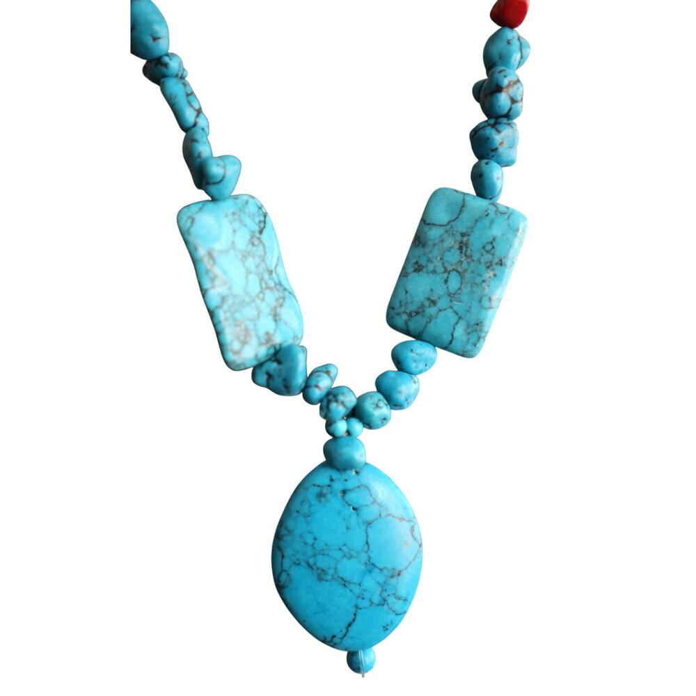 Vintage 90s Y2K Faux Turquoise Pebble Stone Pendant Teardrop Nugget Necklace - Picture 2 of 7
